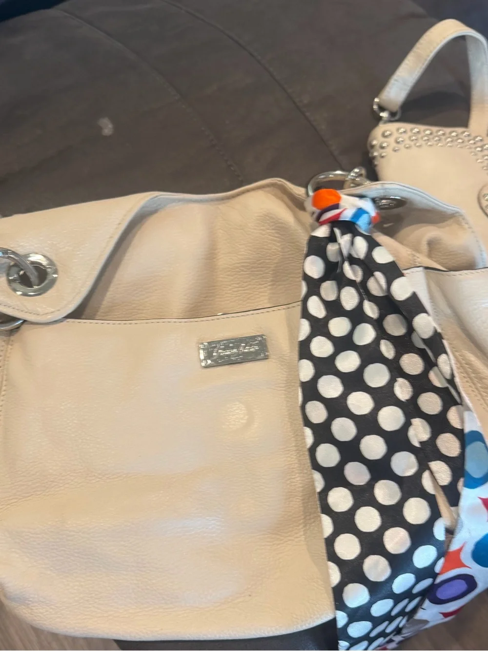 Grace Adele Cream Leather Studded Satchel Set with Silver Hardware